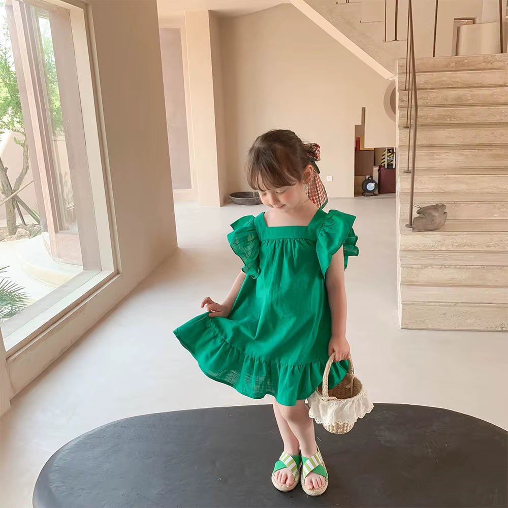 Summer Girls Dresses Flying Sleeve Dress Casual Ruffled Dresses Solid Back Bowknot a Line Baby Dresses Kids Clothes