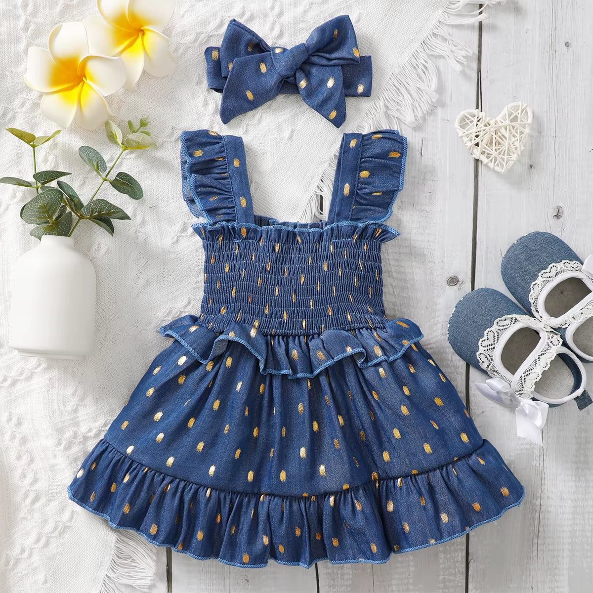 Golden Bloom – Baby Girl Blue Slip Dress with Gold Dots and Matching Headband Set